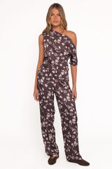 Romola Off Shoulder Top - Brown Cream Floral