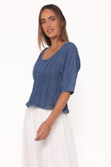 Saylor Denim Peplum Top - Blue Medium Wash