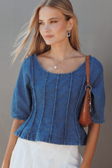Saylor Denim Peplum Top - Blue Medium Wash