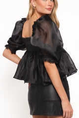 Solenne Puff Sleeve Peplum Organza Top - Black