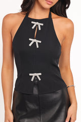 Velma Halter Neck Top With Embellished Bows - Black