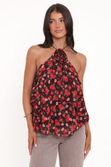 Zorina Halter Neck Chiffon Top - Brown Floral