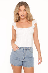Lany Lace Trim Flutter Top - White