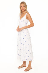 Luellen Embroidered Daisy Midi Dress - White