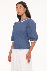 Merli Denim Open Back Top - Blue Medium Wash