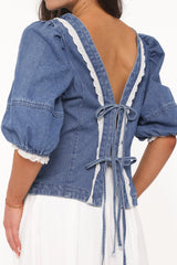Merli Denim Open Back Top - Blue Medium Wash