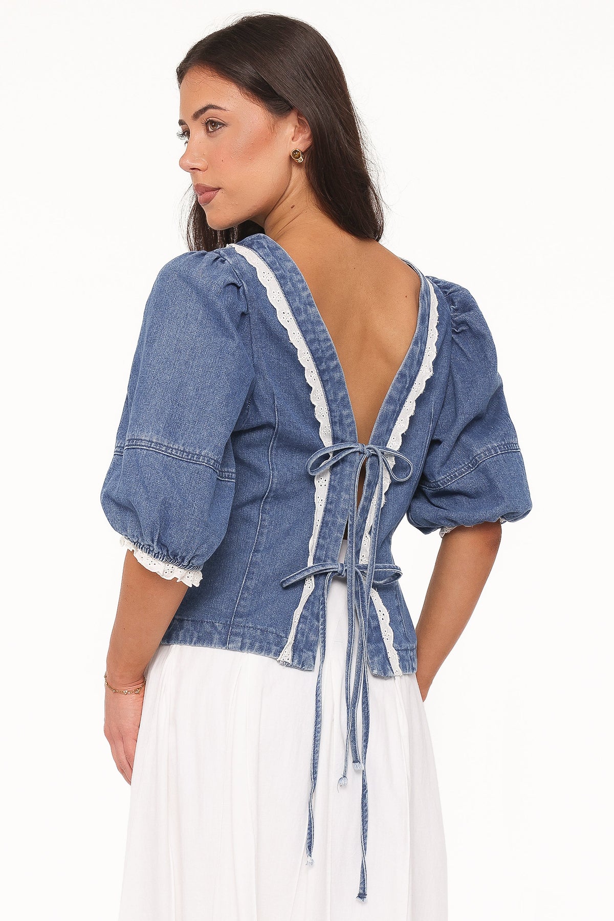 Merli Denim Open Back Top - Blue Medium Wash