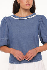 Merli Denim Open Back Top - Blue Medium Wash