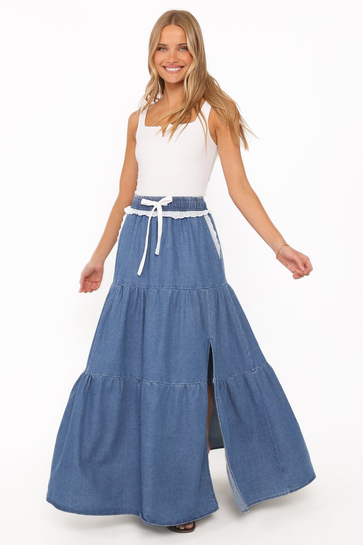 Scout Tiered Denim Maxi Skirt - Medium Wash