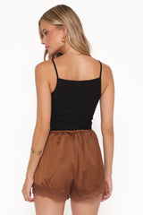 Arlet Lace Trim Satin Shorts - Chocolate Brown