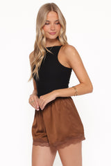 Arlet Lace Trim Satin Shorts - Chocolate Brown