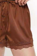 Arlet Lace Trim Satin Shorts - Chocolate Brown