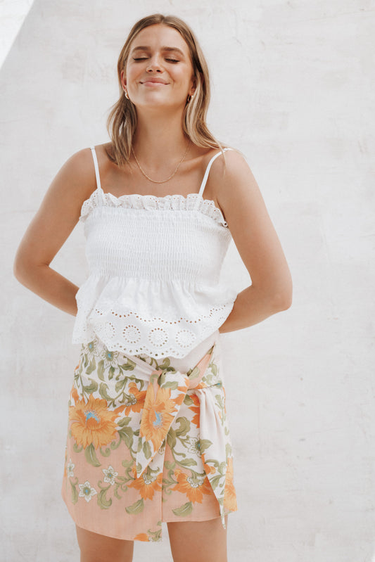 Calypso Wrap Mini Skirt - Yellow Spring Floral