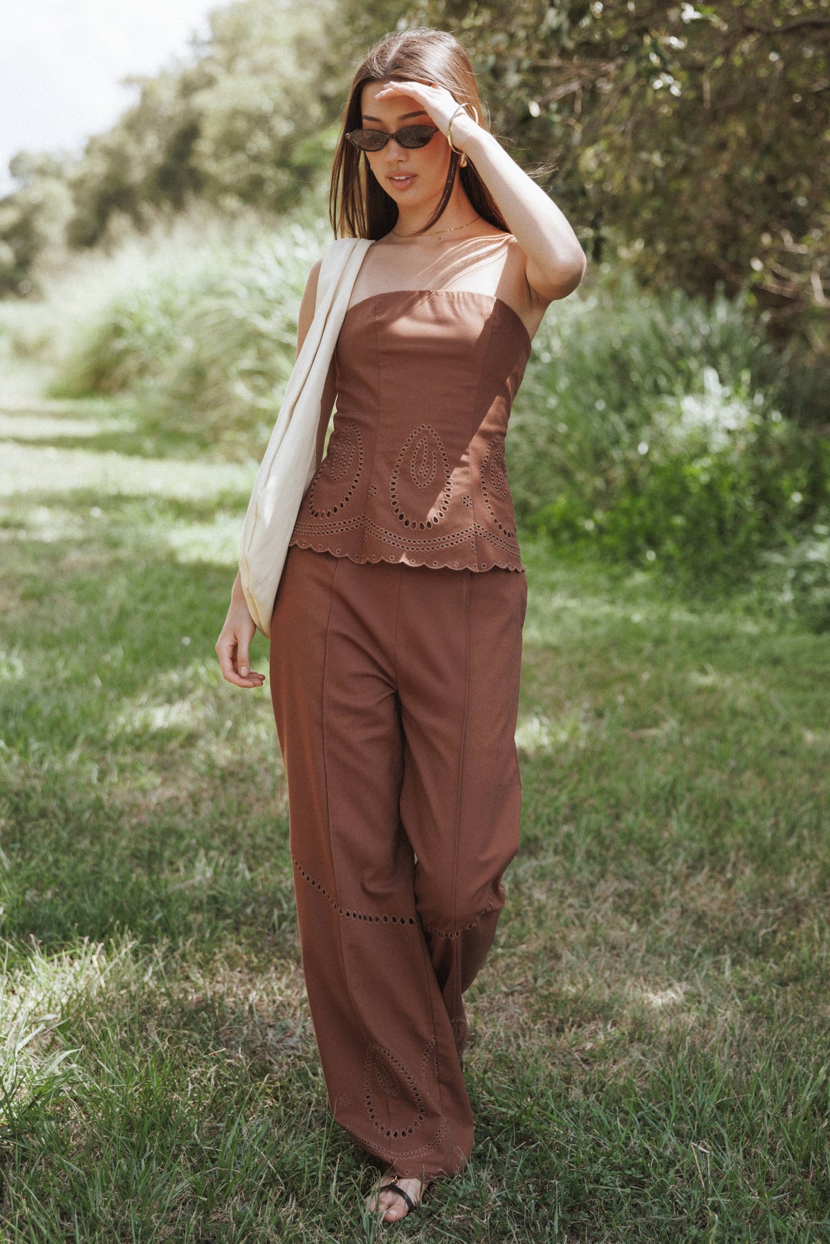 Dalia Eyelet Pant - Brown