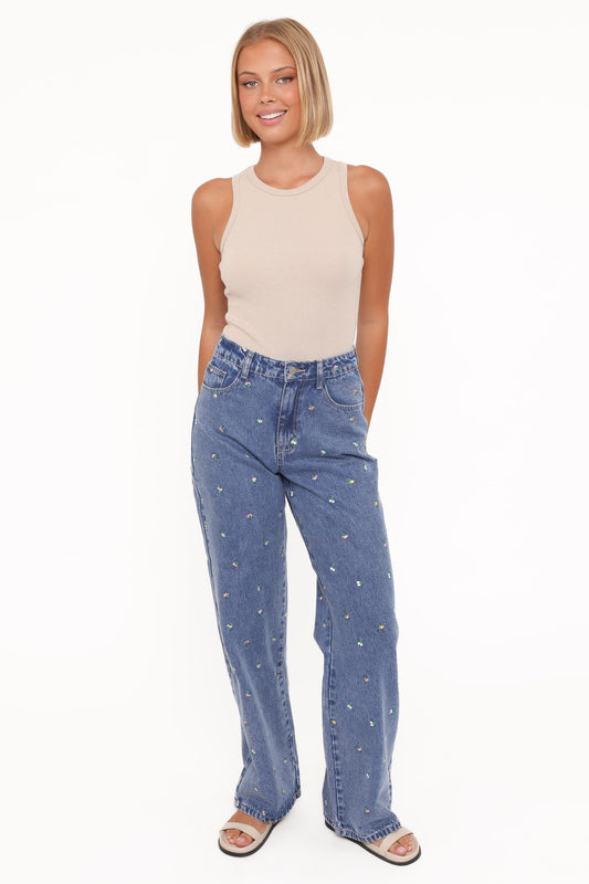 Kendall Straight Leg Jeans - Embroidery Medium Wash