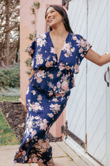 Kenna Satin Midi Skirt - Navy Floral