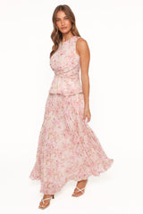 Mena Pleated Maxi Skirt - Blurred Pink Floral
