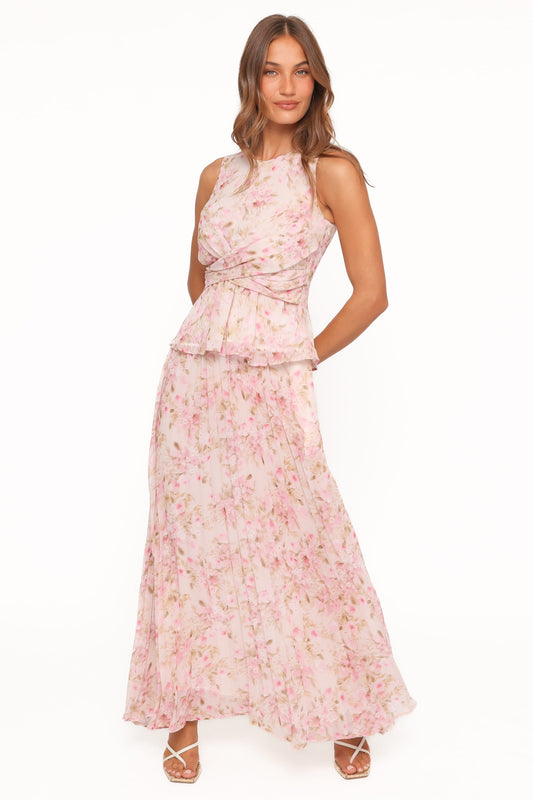 Mena Pleated Maxi Skirt - Blurred Pink Floral