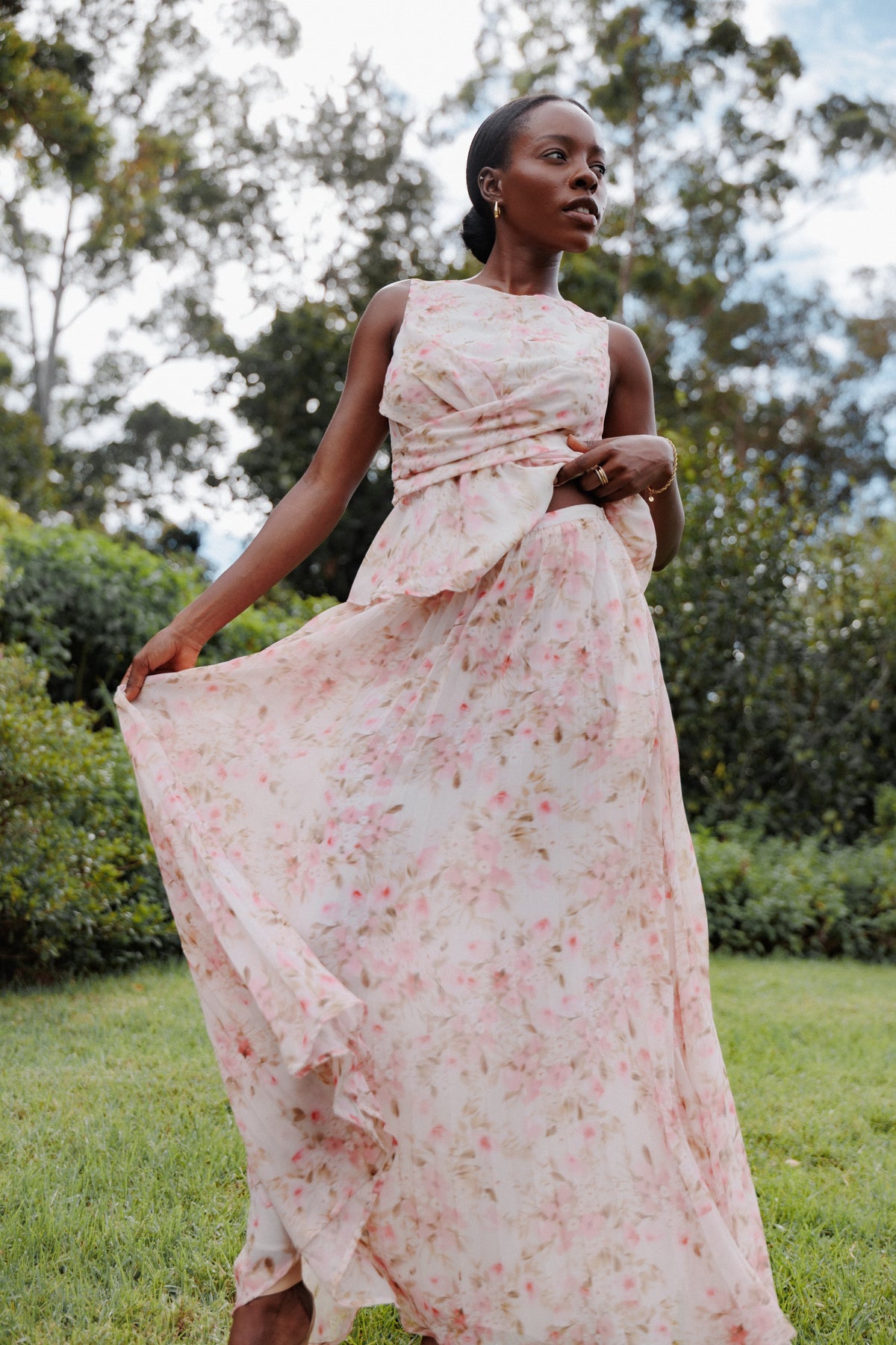 Mena Pleated Maxi Skirt - Blurred Pink Floral