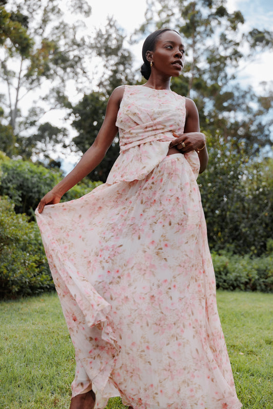 Mena Pleated Maxi Skirt - Blurred Pink Floral