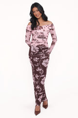 Navida Mesh Midi Skirt - Pink Brown Floral