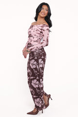 Navida Mesh Midi Skirt - Pink Brown Floral