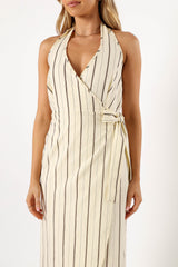 Abigail Wrap Midi Dress - Beige Stripe