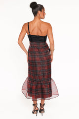 Amelie Bow Front One Shoulder Midi Dress - Red Plaid