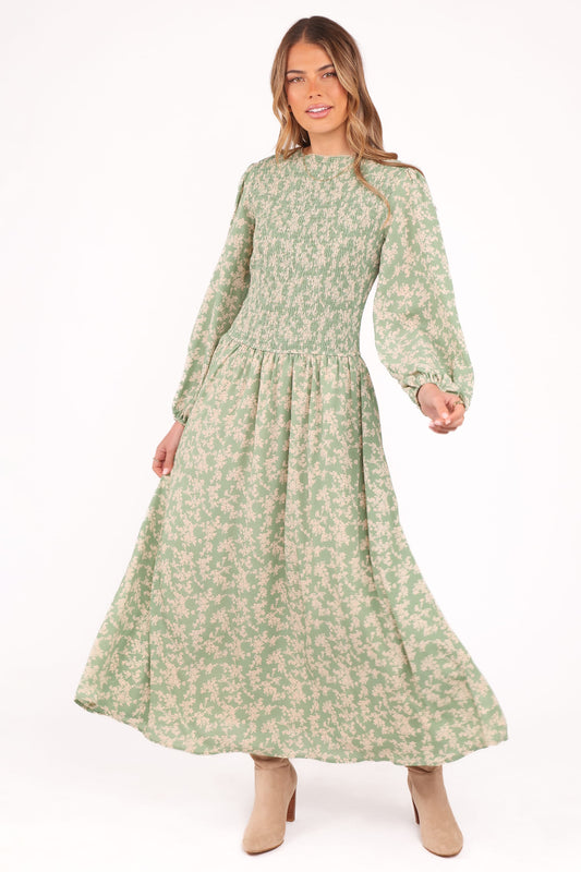 Ashara Long Sleeve Midi Dress - Green Floral