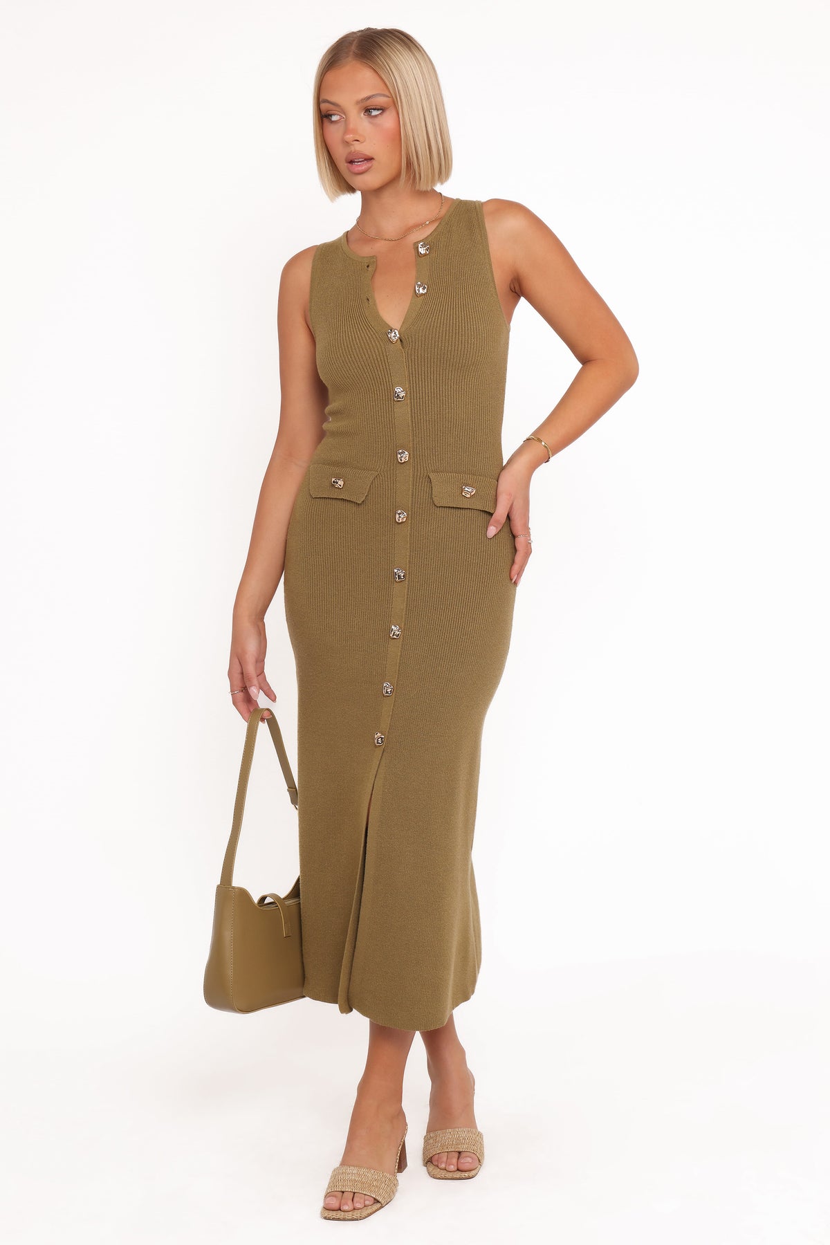 Aspen Button Up Knit Dress - Olive