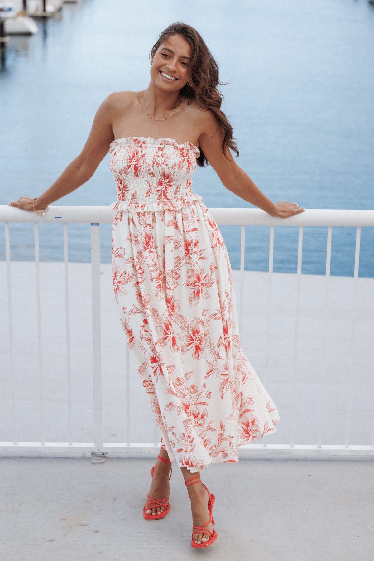 Avania Strapless Midi Dress - Red Floral