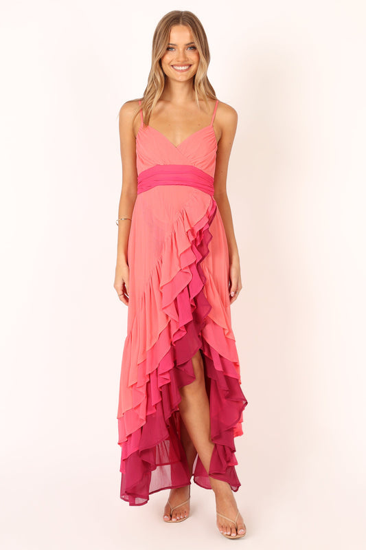 BomBon Tiered Maxi Dress - Coral Hot Pink