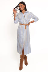 Caprice Long Sleeve Button Down Maxi Dress - Blue Stripe
