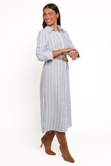 Caprice Long Sleeve Button Down Maxi Dress - Blue Stripe