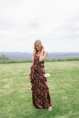 Ciao Ruffles Maxi Satin Dress - Brown Polka Dot