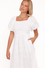 Clo Puff Sleeve Midi Dress - White Broderie