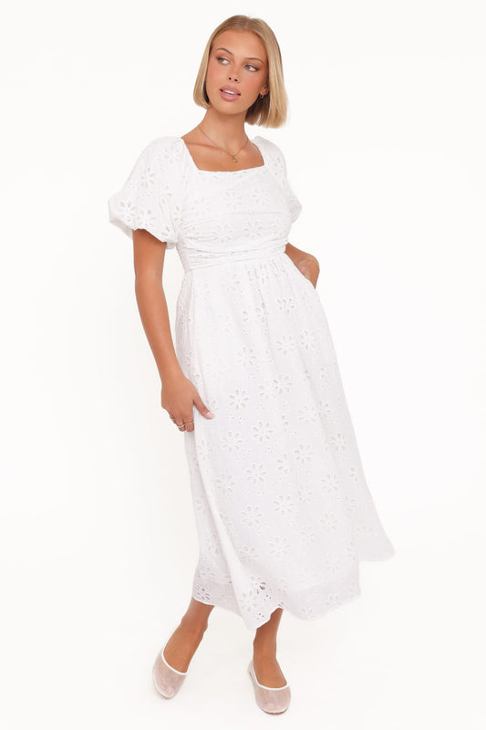 Clo Puff Sleeve Midi Dress - White Broderie