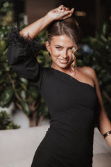 Dame One Shoulder Feather Midi Dress - Black
