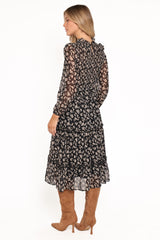 Edwina Shirred Frill Long Sleeve Midi Dress - Black Ditsy Floral