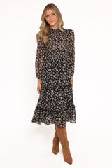 Edwina Shirred Frill Long Sleeve Midi Dress - Black Ditsy Floral