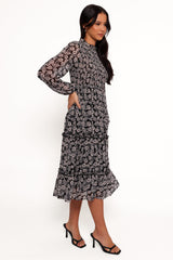 Edwina Shirred Frill Long Sleeve Midi Dress - Black Floral