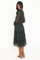 Edwina Shirred Frill Long Sleeve Midi Dress - Olive Floral