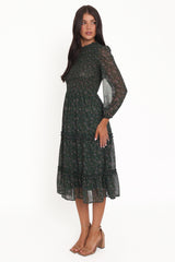 Edwina Shirred Frill Long Sleeve Midi Dress - Olive Floral