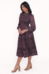 Edwina Shirred Frill Long Sleeve Midi Dress - Plum Floral