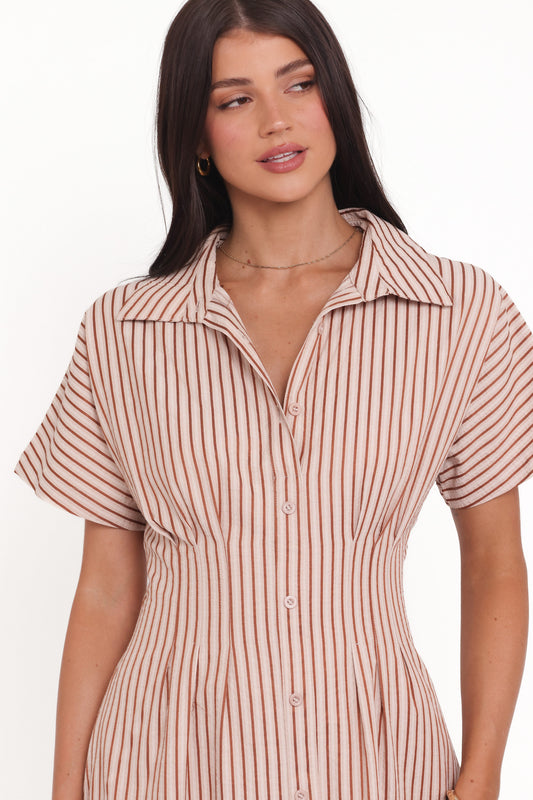 Eilis Short Sleeve Button Down Maxi Dress - Brown Stripe