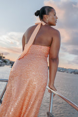 Eisley Halter Midi Dress - Orange Sequin