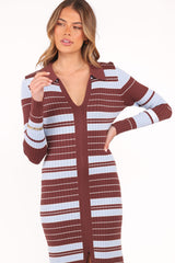 Eliana Long Sleeve Midi Dress - Brown Blue Stripe