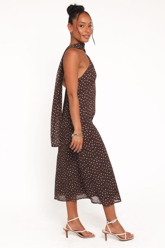Elva Halterneck Midi Dress - Brown Polka Dot