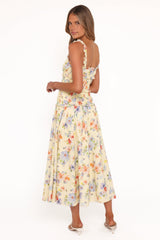 Enola Gather Midi Dress - Yellow Floral