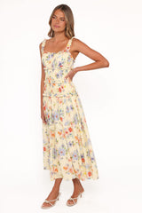 Enola Gather Midi Dress - Yellow Floral